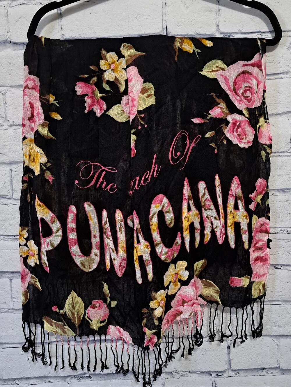 Punta Cana Black Floral Scarf with Pink and Yellow Roses